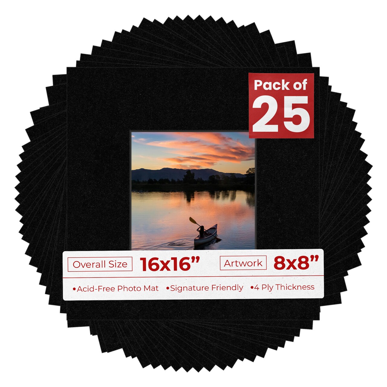 Black with Black Core Mat Board for 16x16 Frames - Fits 8x8 Photos